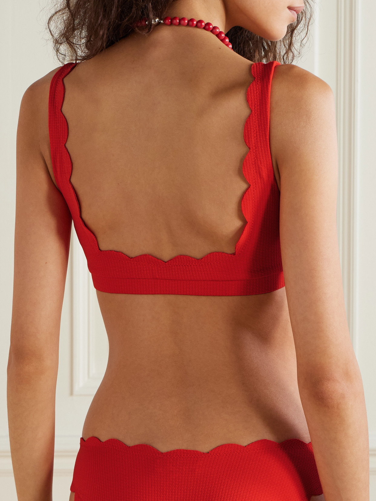 Marysia Palm Springs Scalloped Seersucker Bikini Top In Red