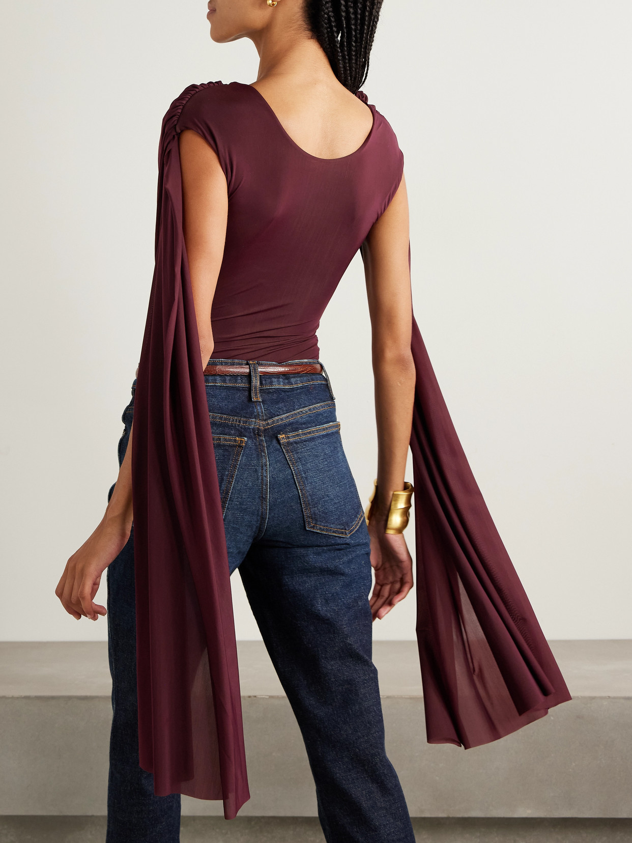 Maygel Coronel Burano Cape-effect Draped Stretch-jersey Bodysuit In Burgundy