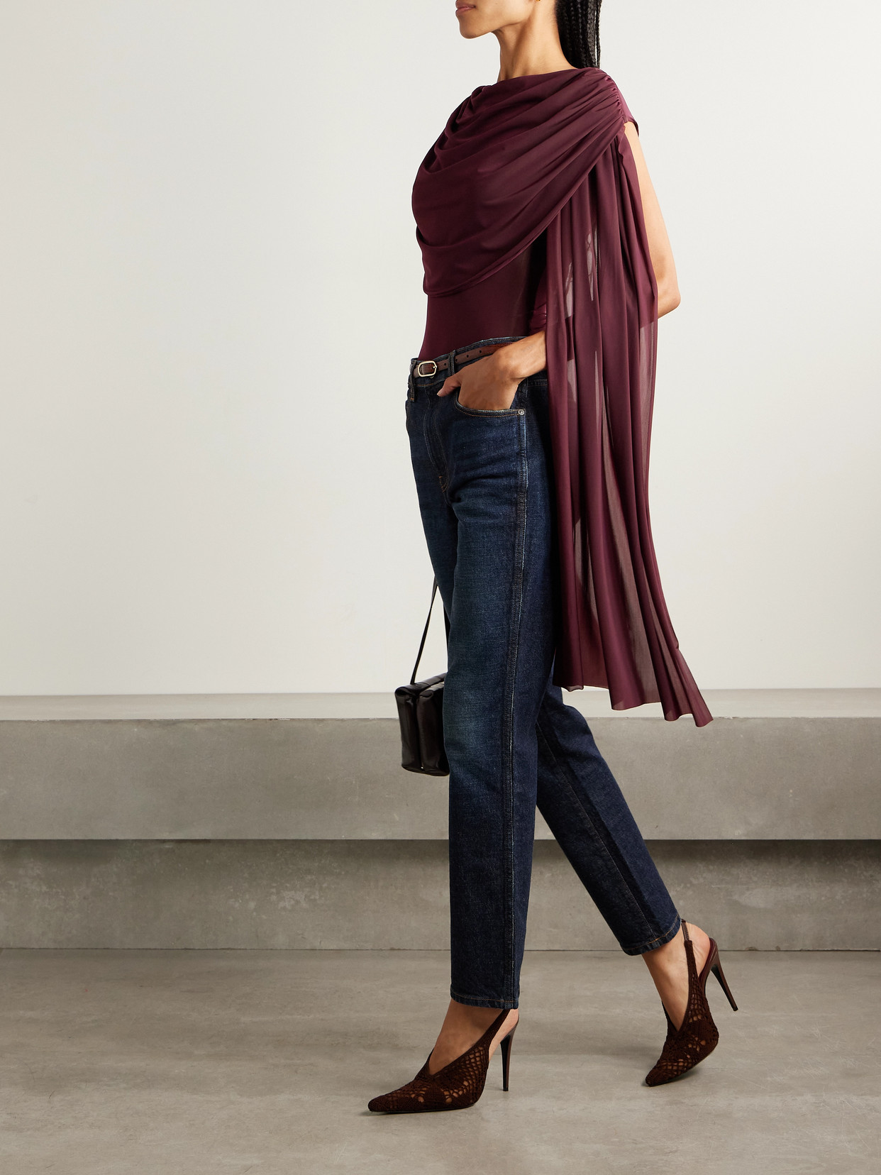 Maygel Coronel Burano Cape-effect Draped Stretch-jersey Bodysuit In Burgundy