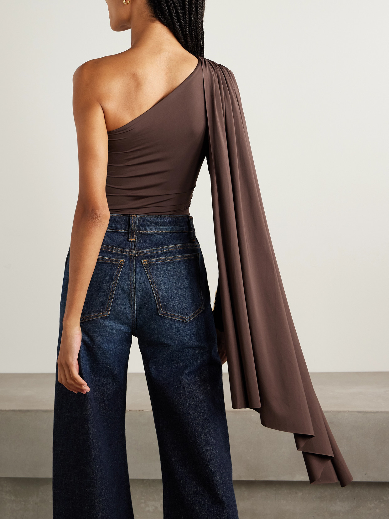 Maygel Coronel Burano One-shoulder Cape-effect Gathered Draped Stretch-jersey Bodysuit In Brown