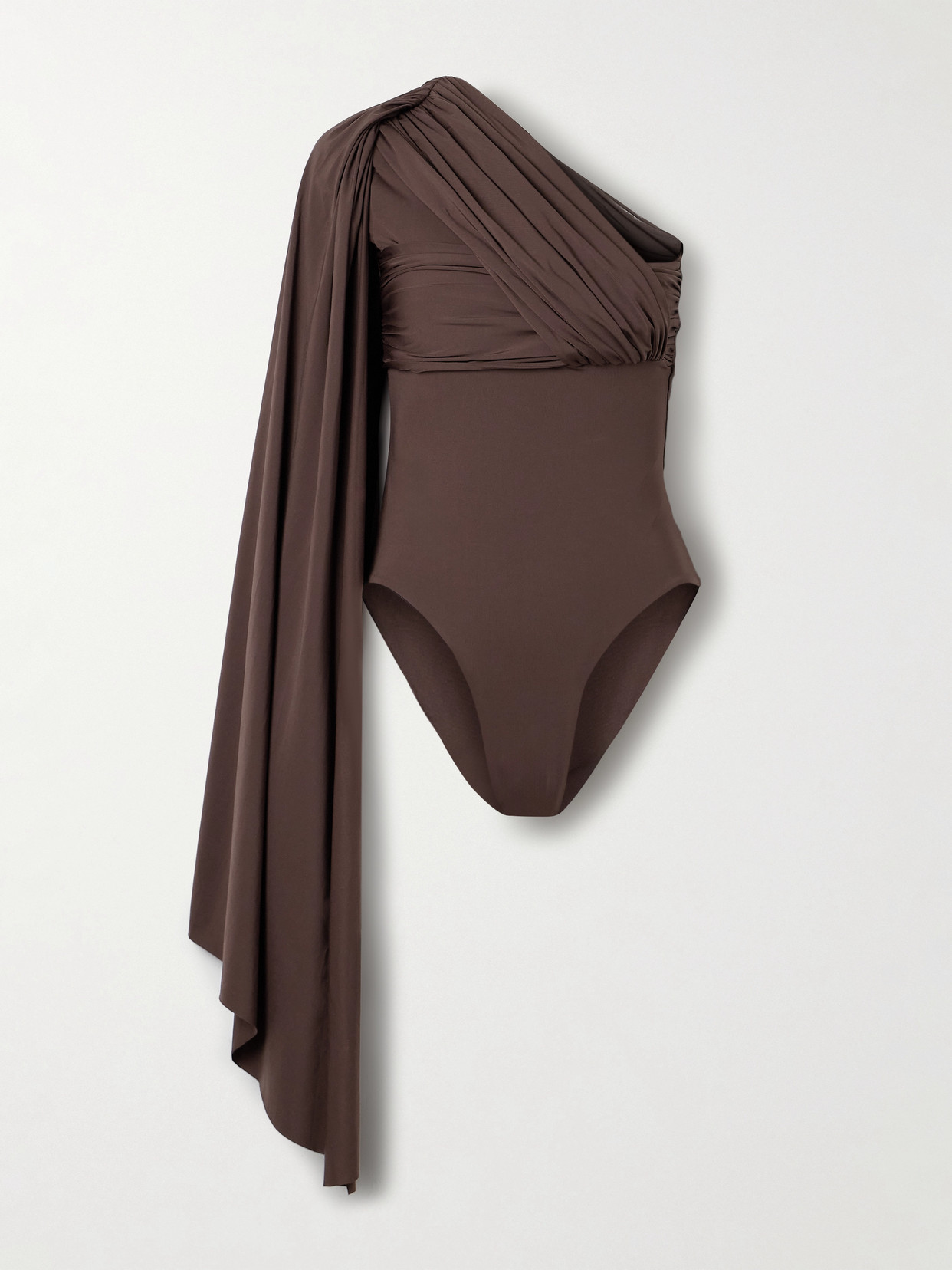 Maygel Coronel Burano One-shoulder Cape-effect Gathered Draped Stretch-jersey Bodysuit In Brown
