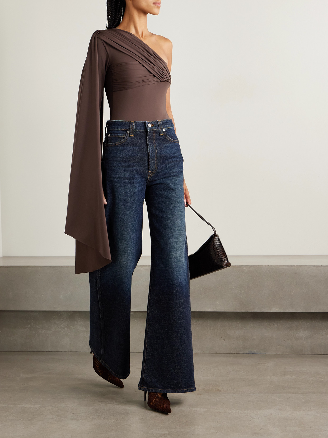 Maygel Coronel Burano One-shoulder Cape-effect Gathered Draped Stretch-jersey Bodysuit In Brown