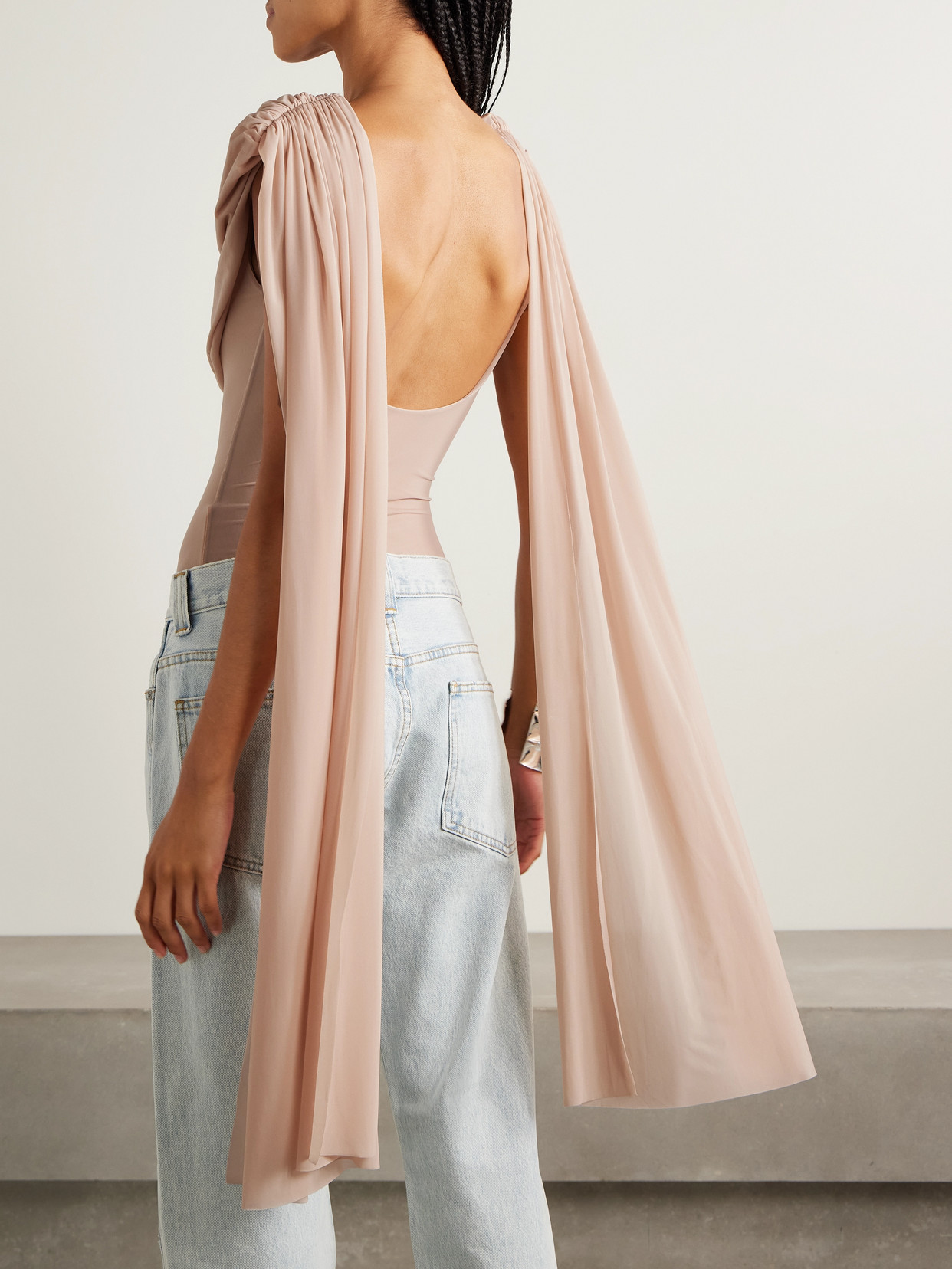 Maygel Coronel Burano Cape-effect Draped Stretch-jersey Bodysuit In Pink