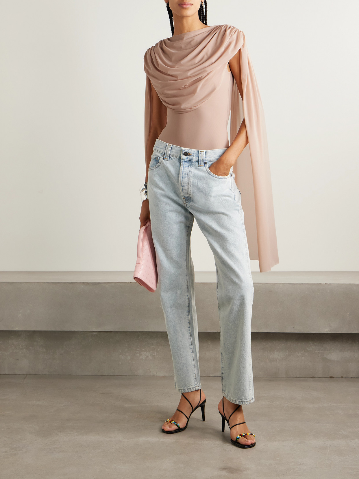 Maygel Coronel Burano Cape-effect Draped Stretch-jersey Bodysuit In Pink