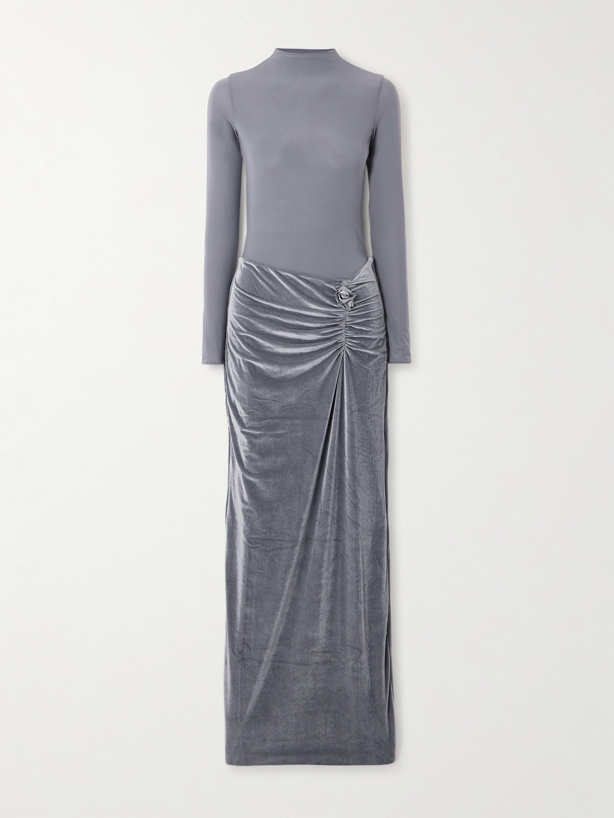 Maygel Coronel Borelli Appliquéd Gathered Open-back Jersey-trimmed Velvet Maxi Dress In Gray