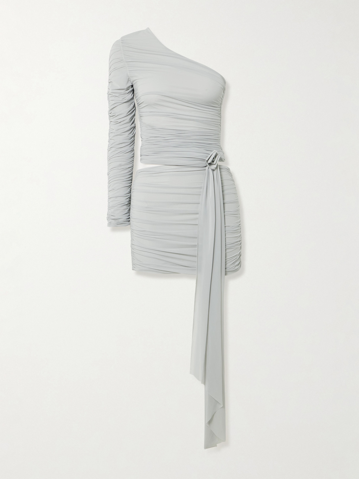 Maygel Coronel Socarras Appliquéd Ruched Stretch-mesh One-shoulder Top And Mini Skirt Set In Gray