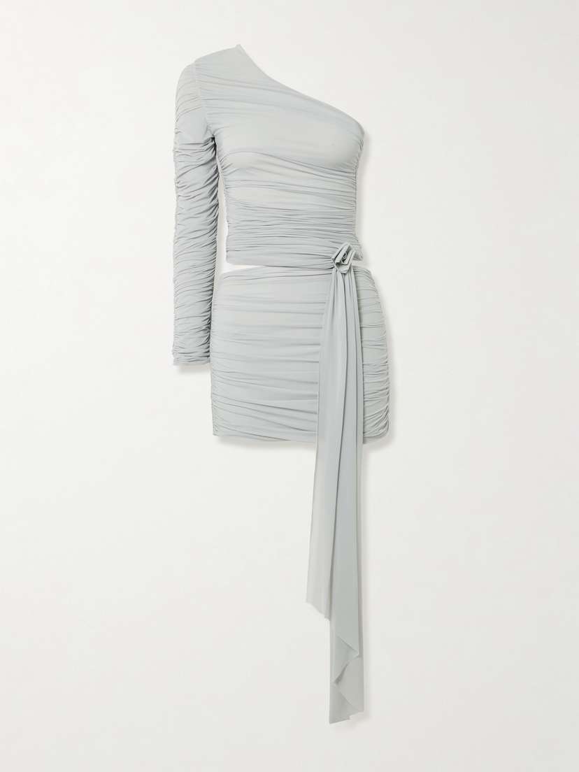 Maygel Coronel Socarras Appliquéd Ruched Stretch-mesh One-shoulder Top And Mini Skirt Set
