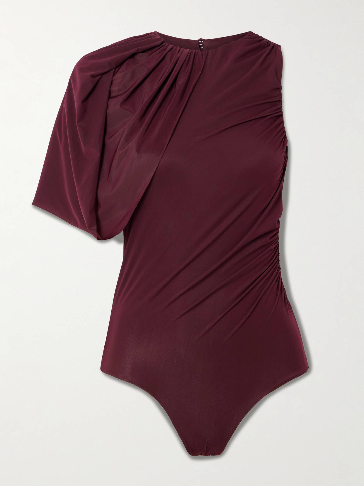 Maygel Coronel Carlos Gathered Stretch-mesh Bodysuit In Burgundy