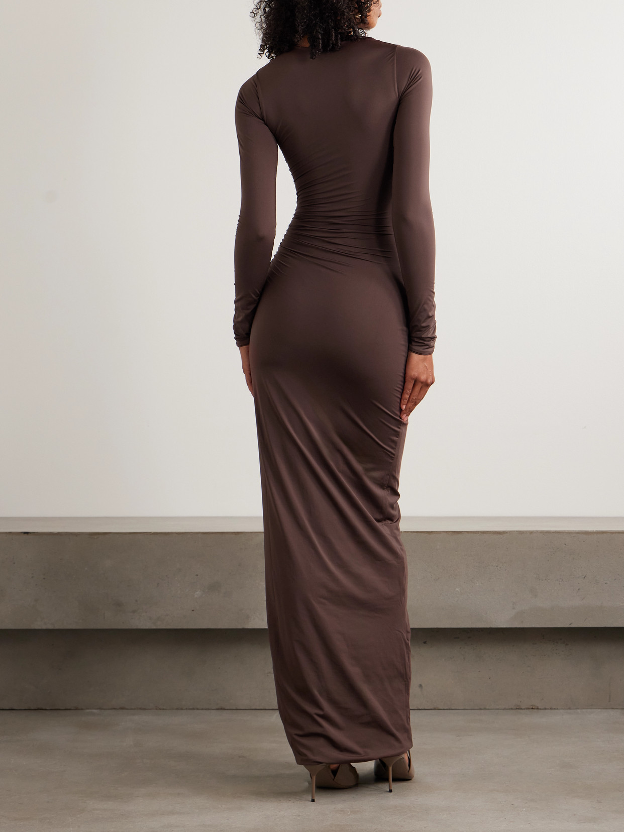 Maygel Coronel Albedo Gathered Stretch-jersey Maxi Dress In Brown