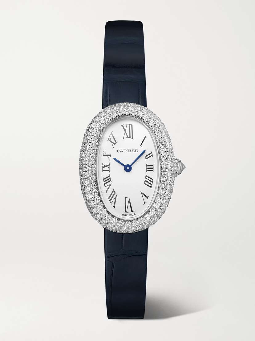 Cartier Baignoire 23.09mm Small 18-karat White Gold, Alligator And Diamond Watch