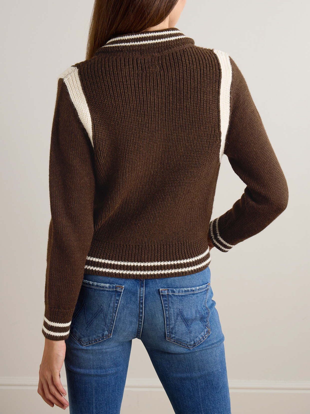 Mother The Little Raquette Appliquéd Striped Alpaca Cardigan In Brown