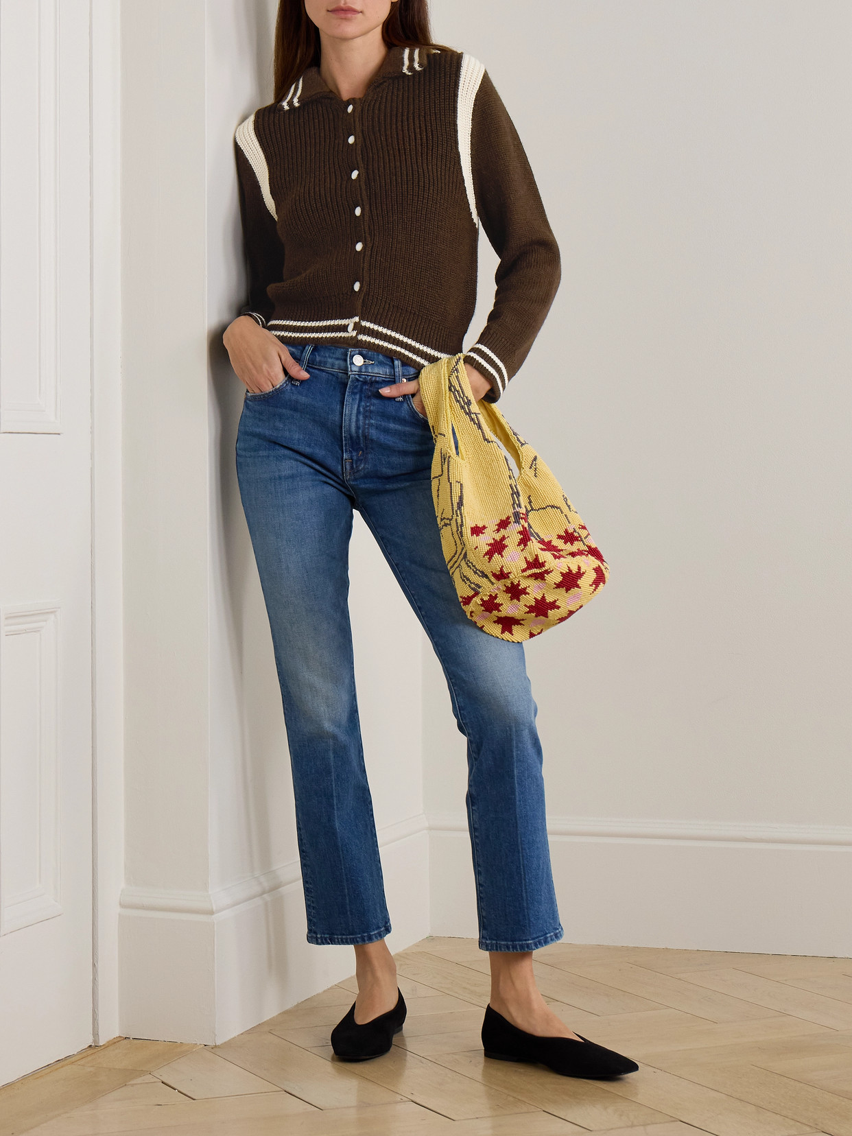 Mother The Little Raquette Appliquéd Striped Alpaca Cardigan In Brown