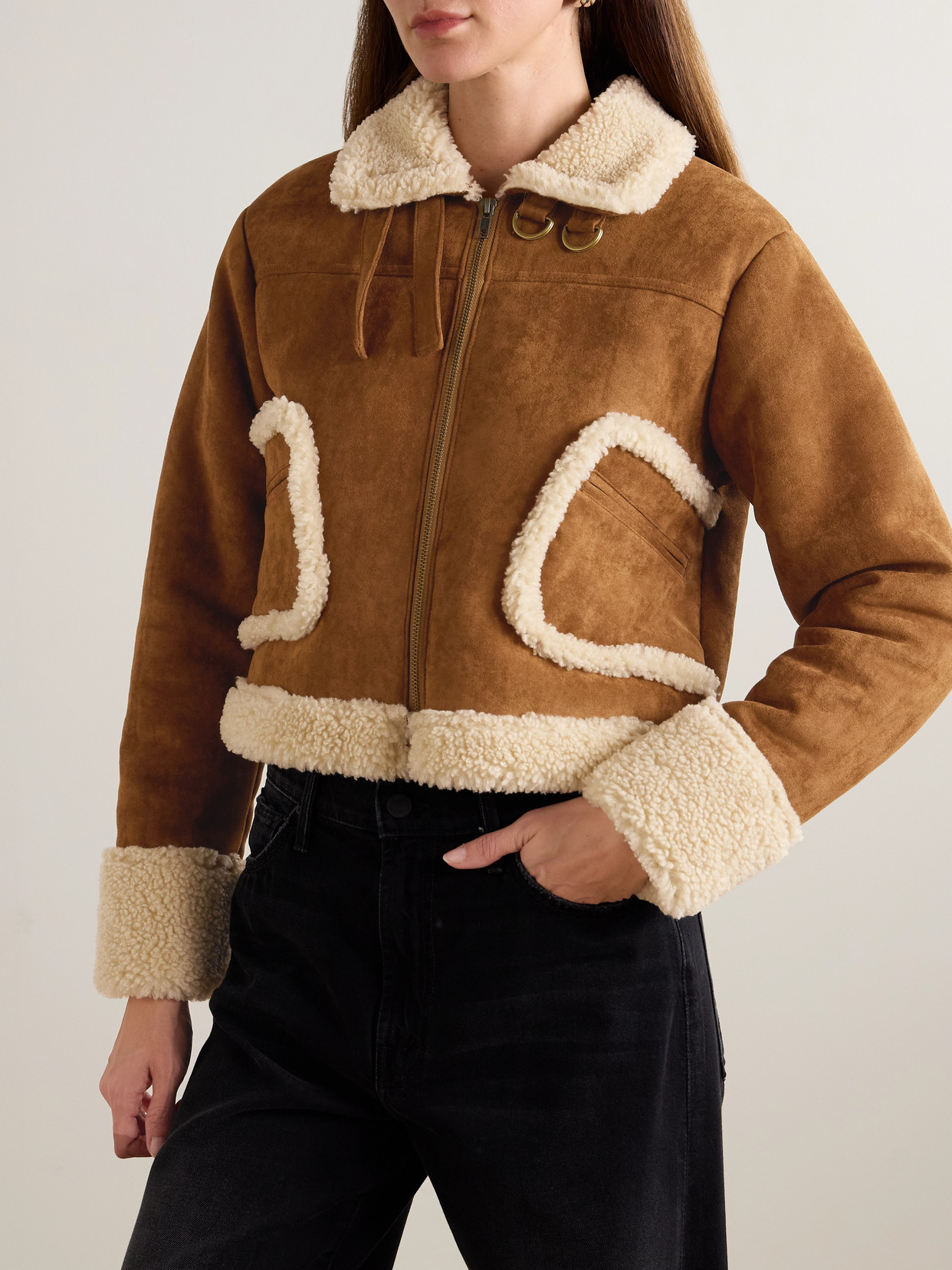 Mother The On Thin Ice Faux Suede Faux Shearling Trim Jacket In Brown