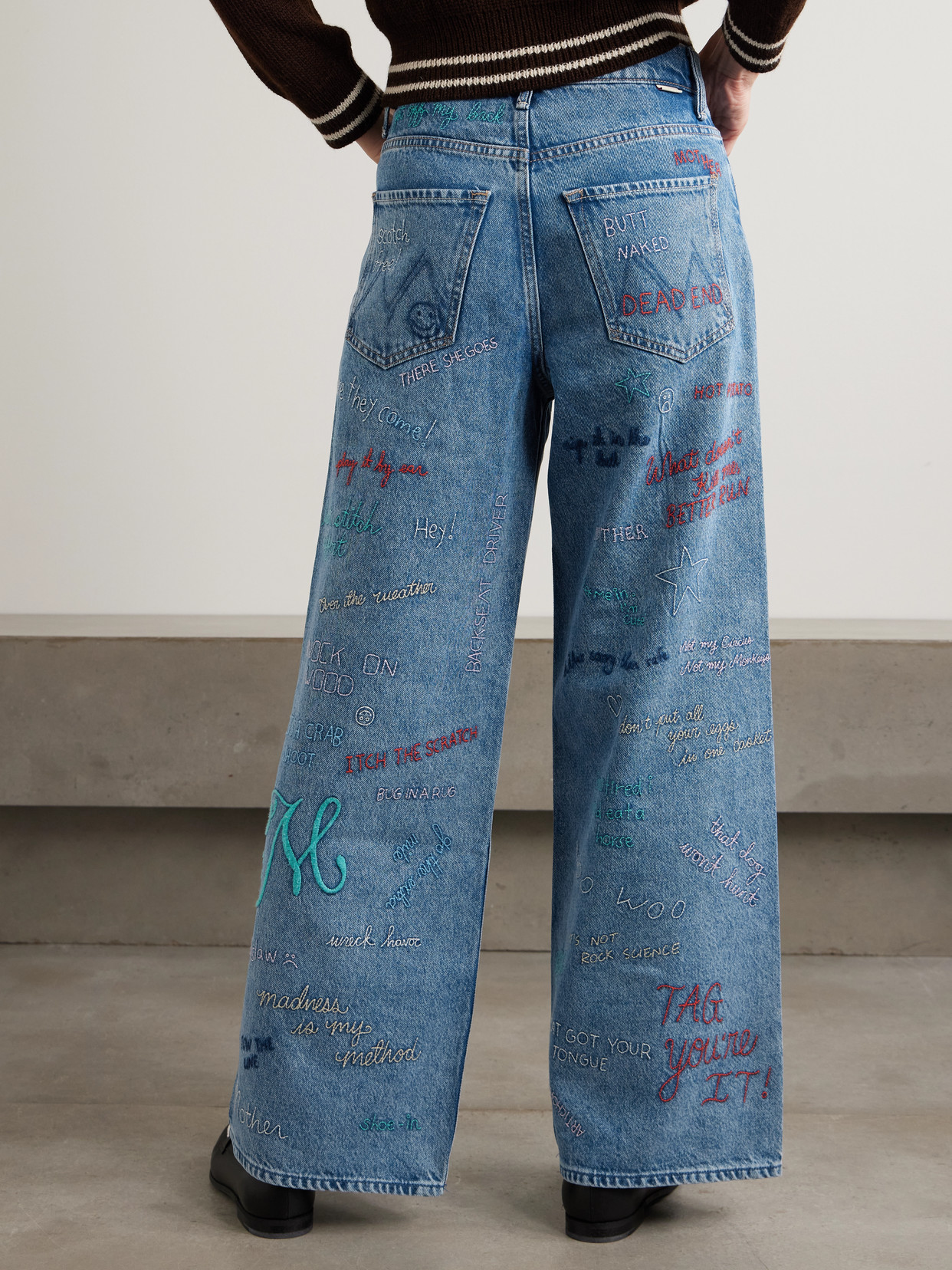 Double Dip Nerdy Embroidered Mid-Rise Wide- Leg