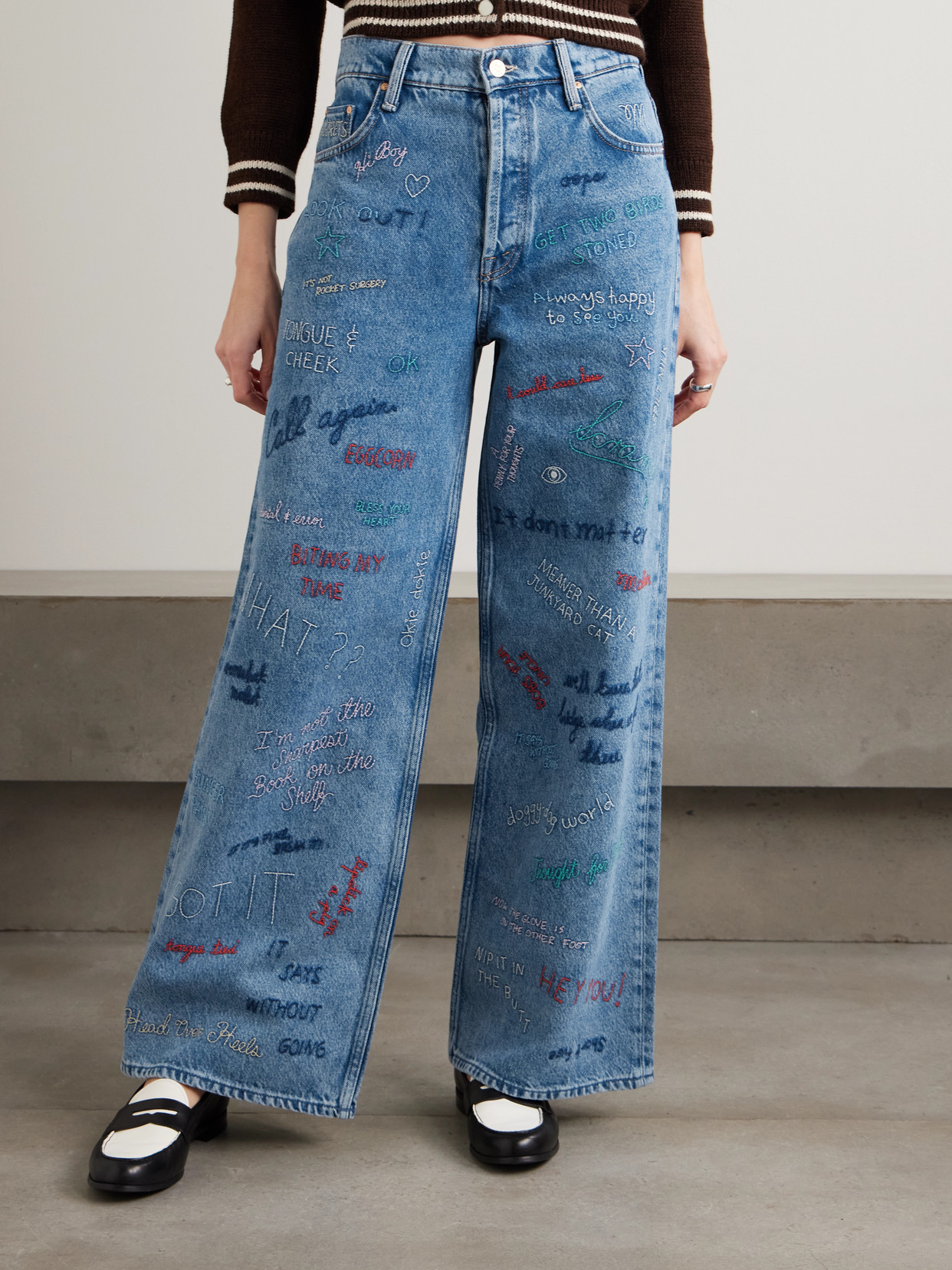 Double Dip Nerdy Embroidered Mid-Rise Wide- Leg
