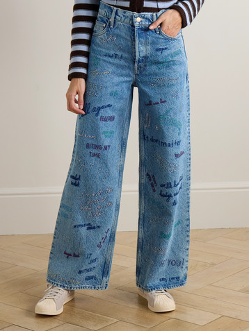 MOTHER Double Dip Nerdy embroidered mid-rise wide-leg jeans