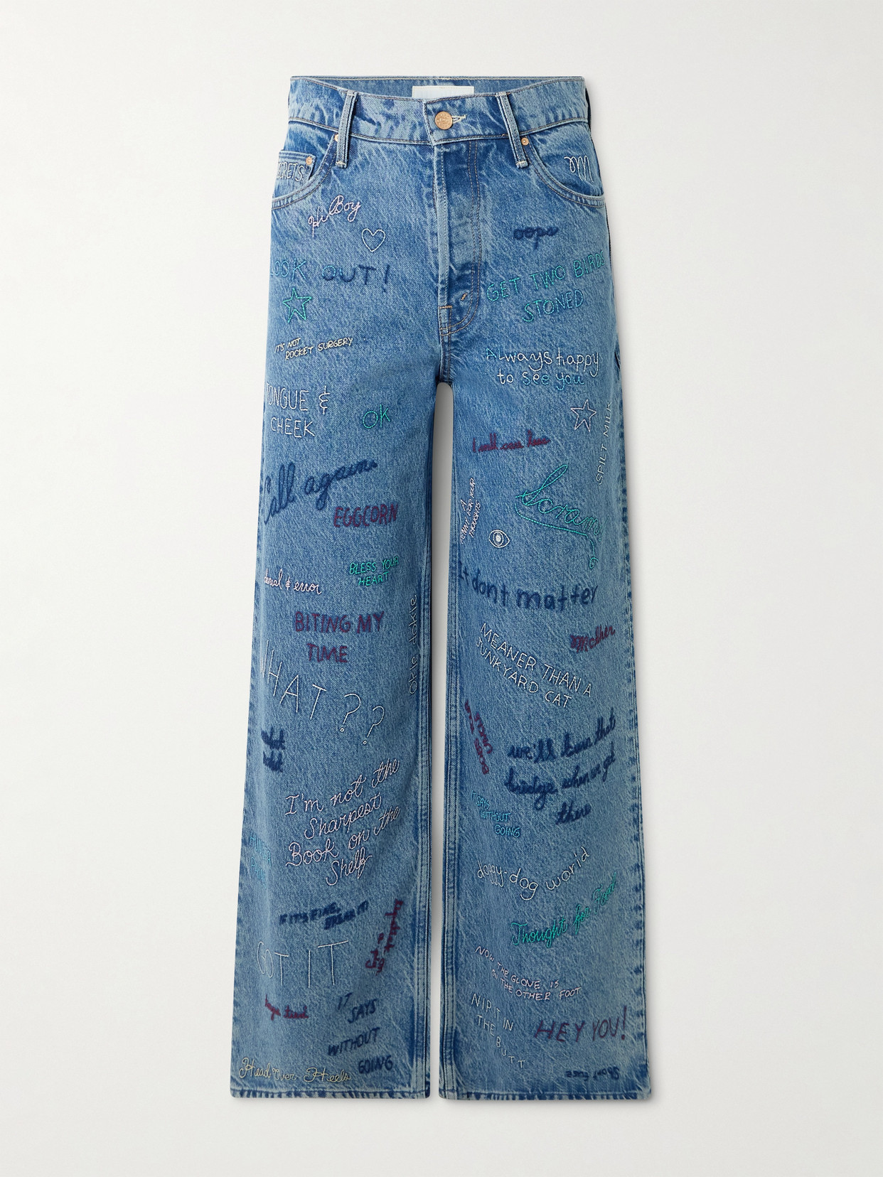 Double Dip Nerdy Embroidered Mid-Rise Wide- Leg
