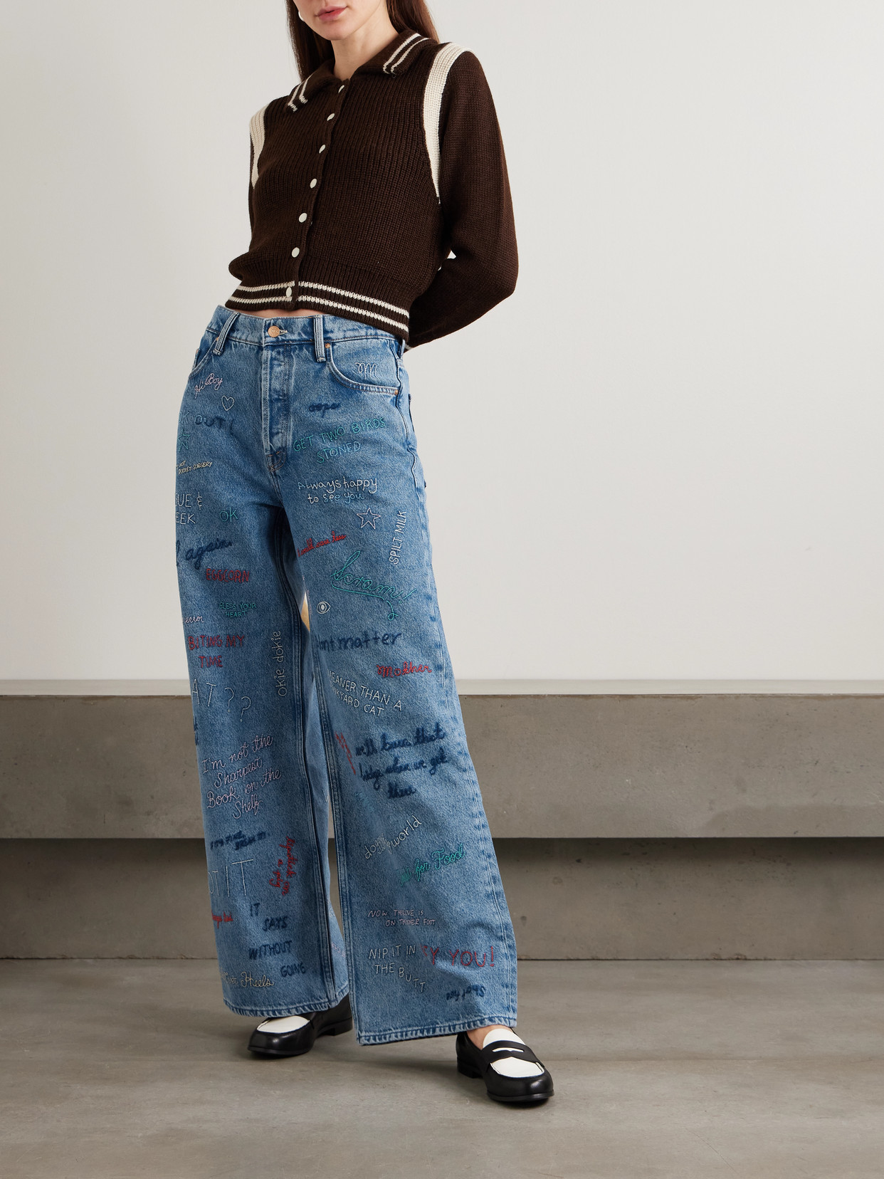 Double Dip Nerdy Embroidered Mid-Rise Wide- Leg