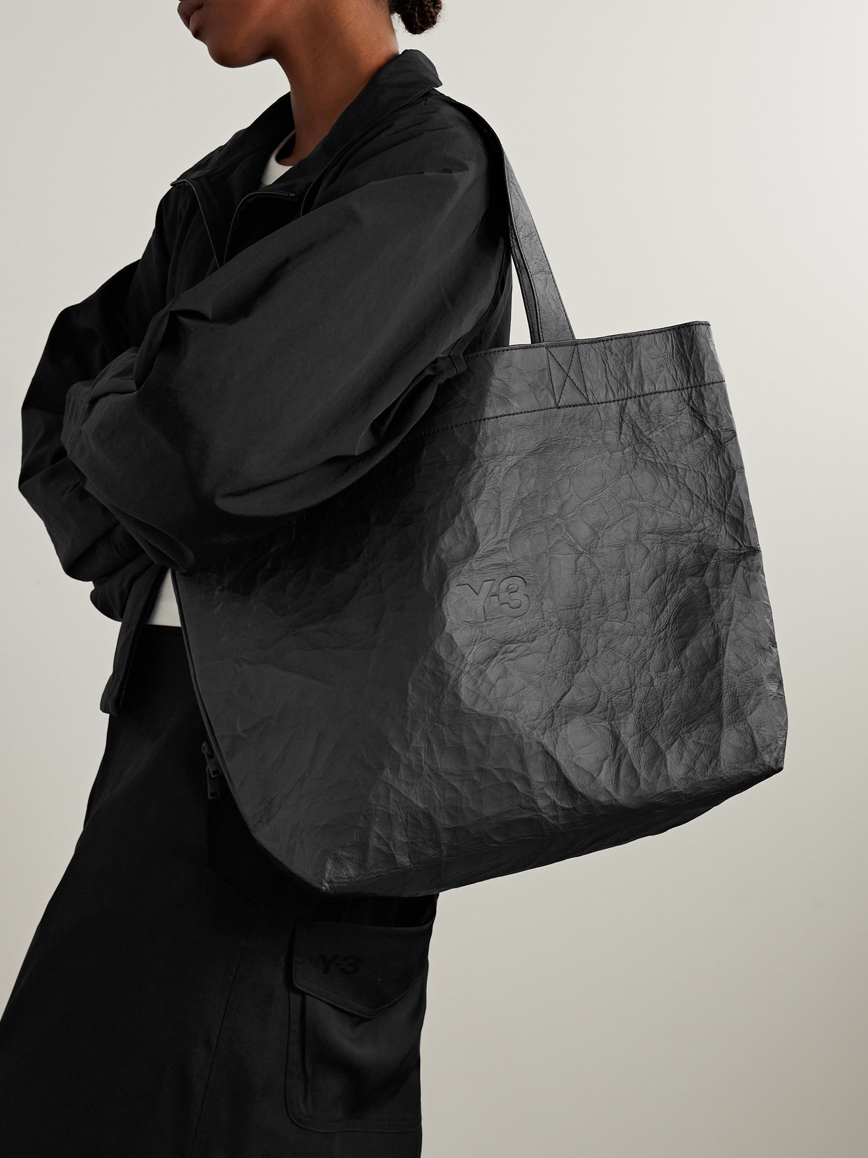 Adidas Originals + Y-3 Debossed Crinkled-leather Tote In Black