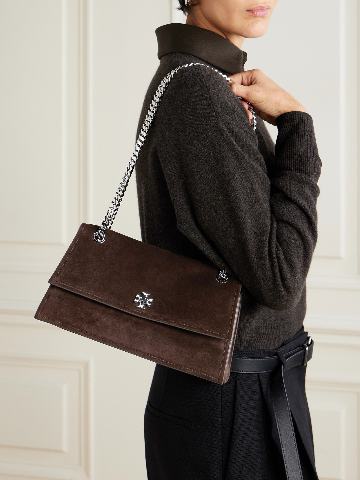 Tory Burch Turnlock Suede Shoulder Bag In Brown
