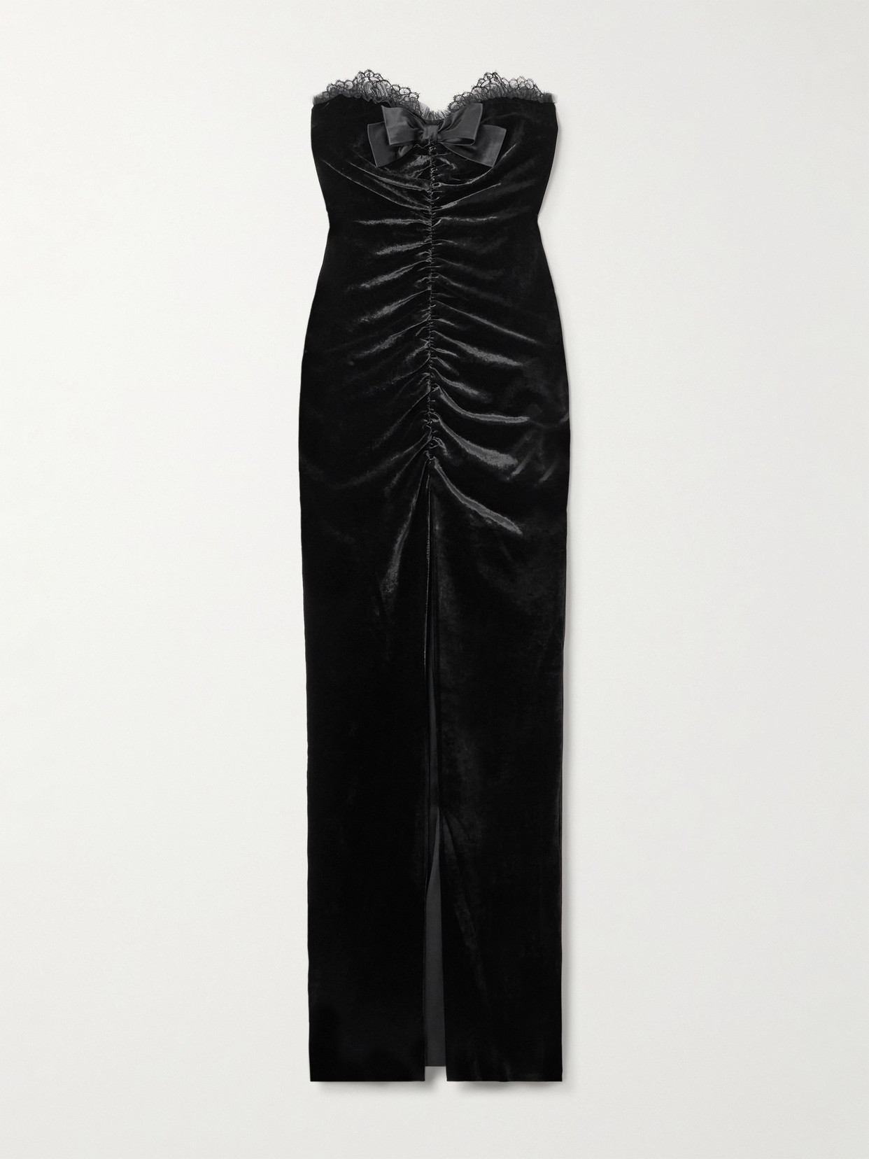 Alessandra Rich Sleveless Bow-embellished Gathered Lace-trimmed Velvet Gown In Black