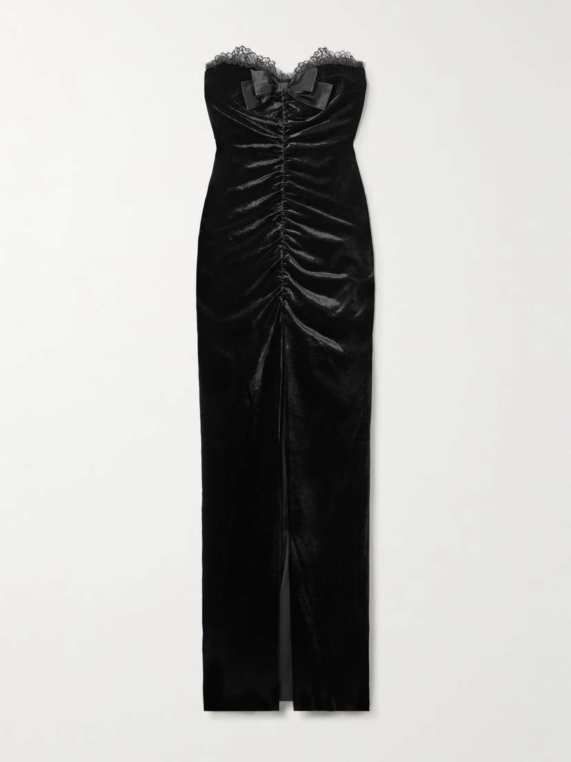 Alessandra Rich Sleveless Bow-embellished Gathered Lace-trimmed Velvet Gown