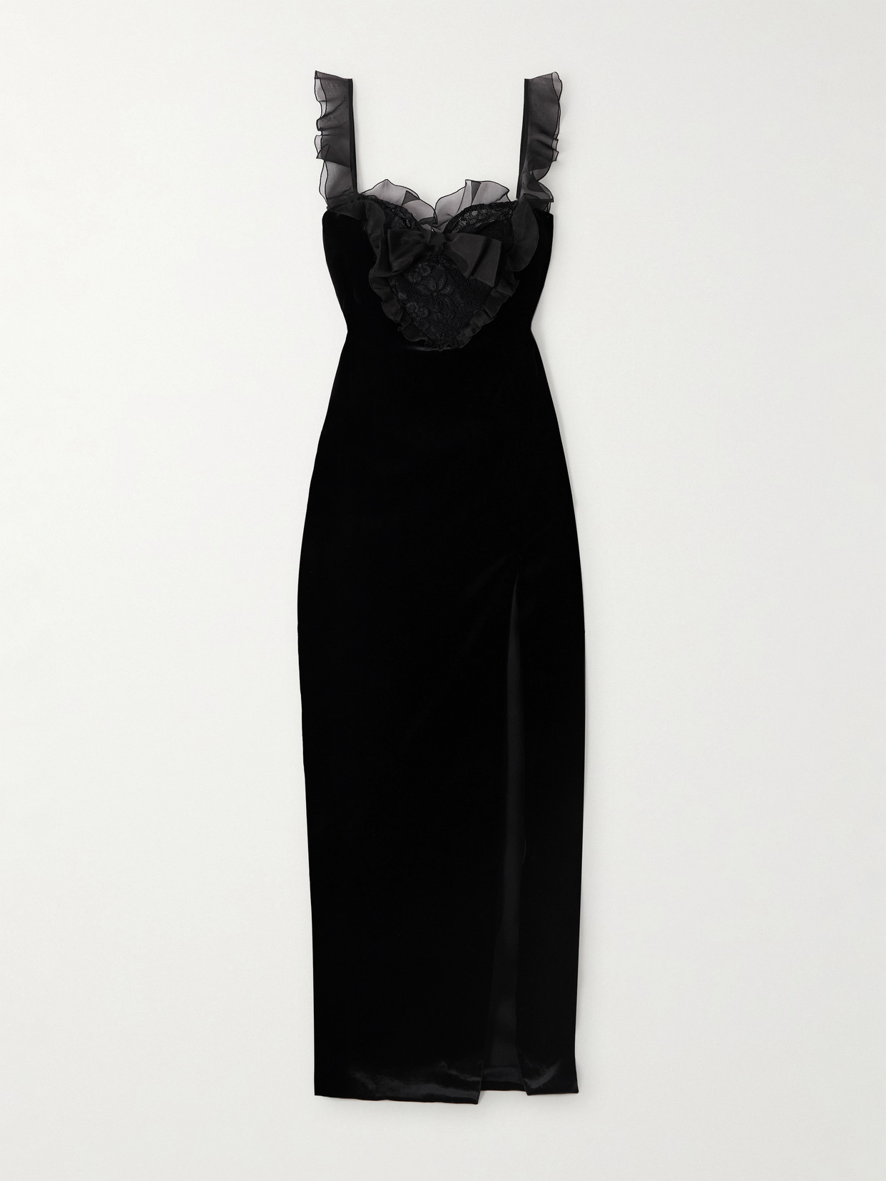 Alessandra Rich Bow-embellished Lace And Silk-trimmed Velvet Gown In Black