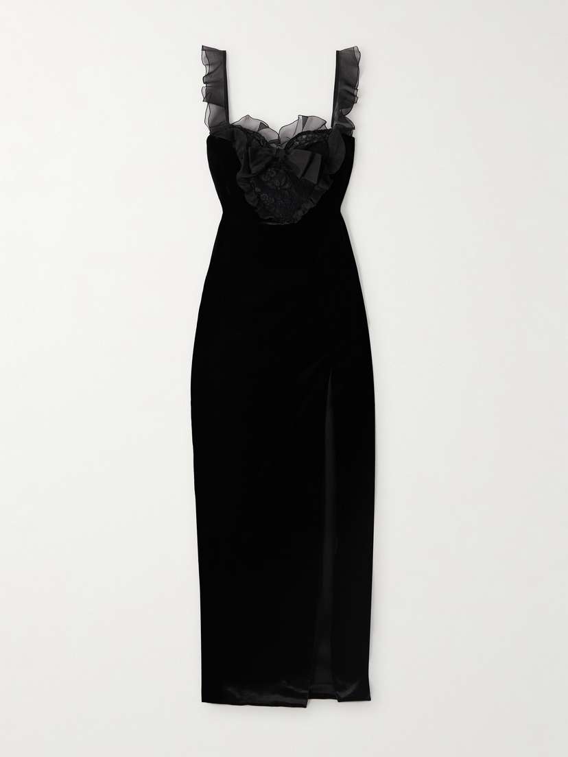 Alessandra Rich Bow-embellished Lace And Silk-trimmed Velvet Gown