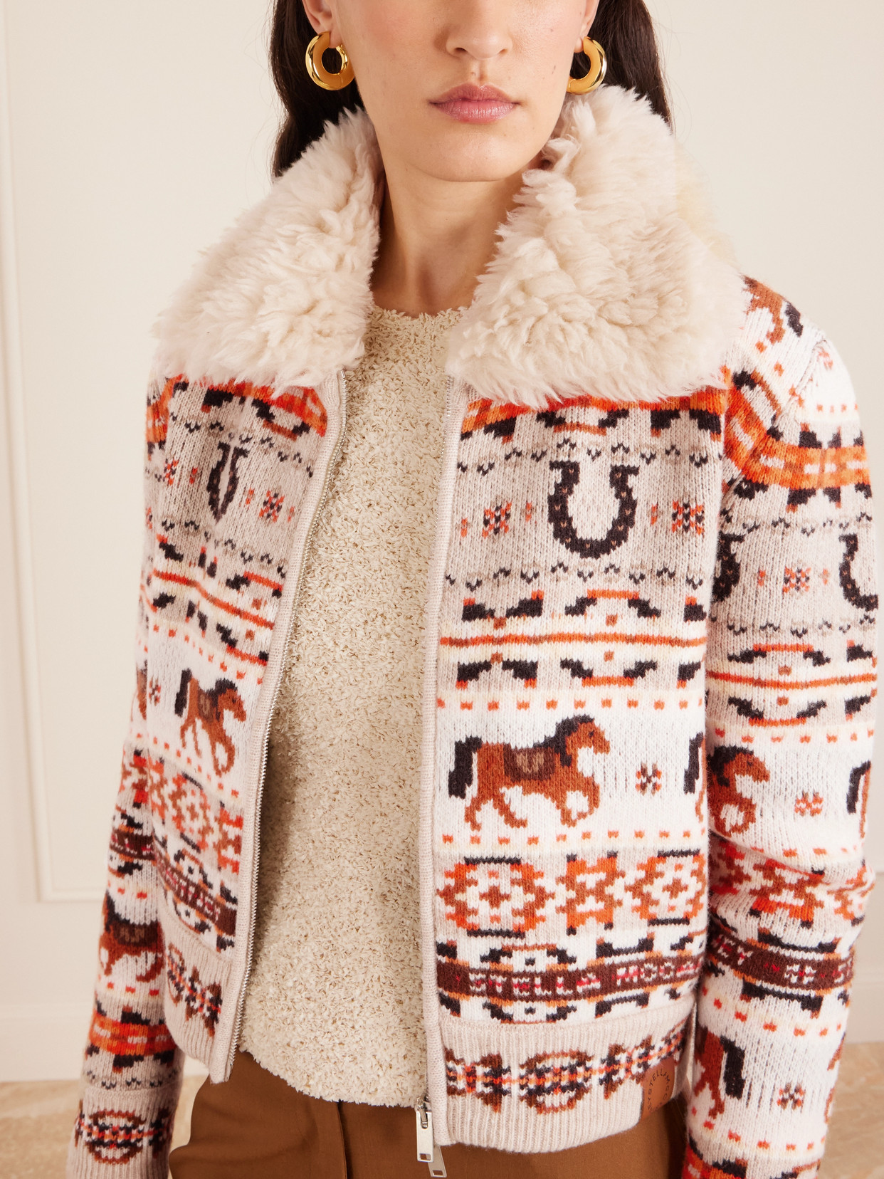 Stella Mccartney Cropped Jacquard-knit Wool Cardigan In Brown