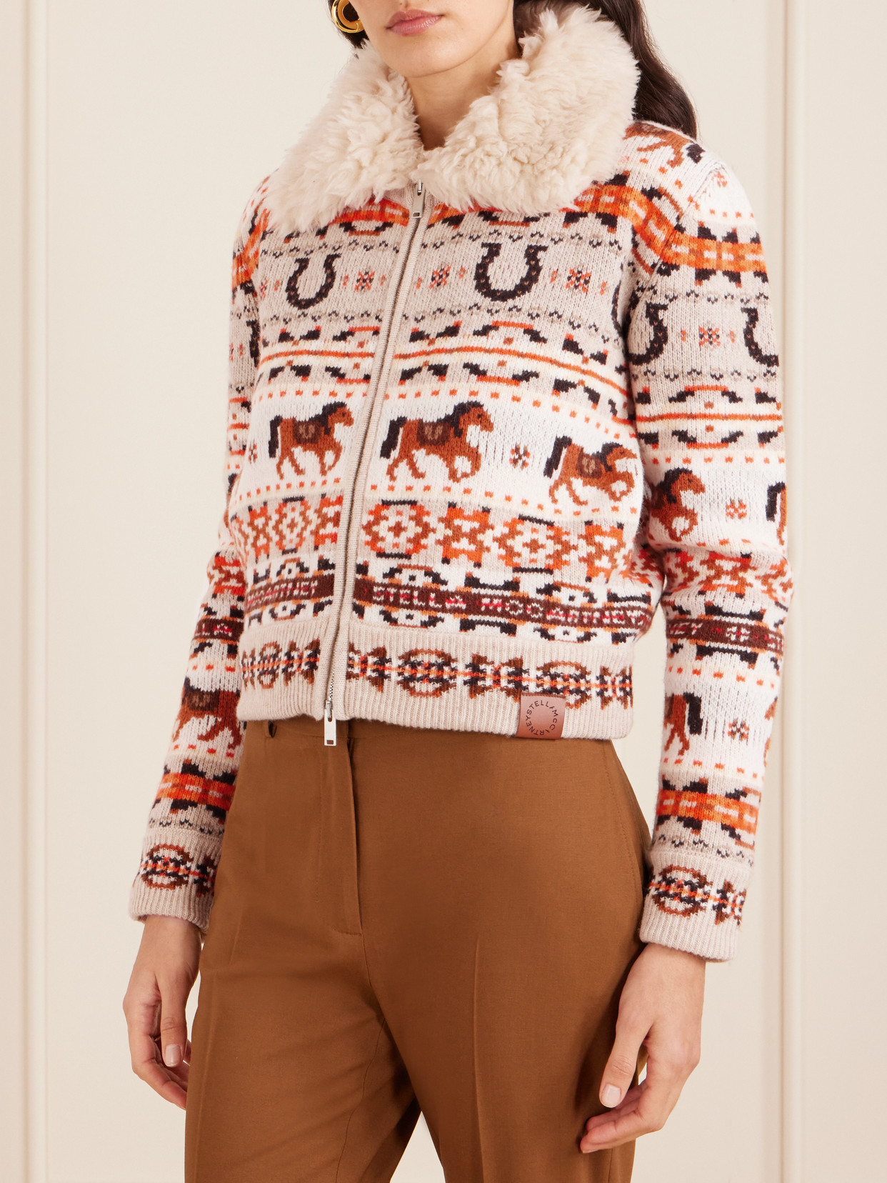 Stella Mccartney Cropped Jacquard-knit Wool Cardigan In Brown