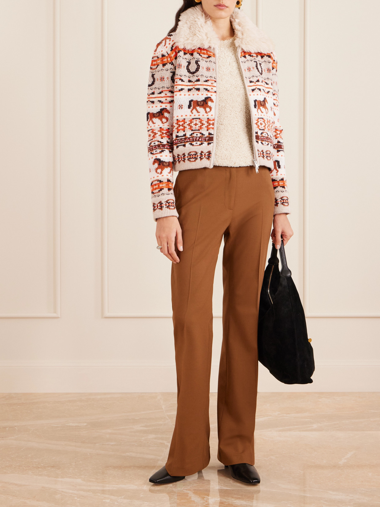 Stella Mccartney Cropped Jacquard-knit Wool Cardigan In Brown