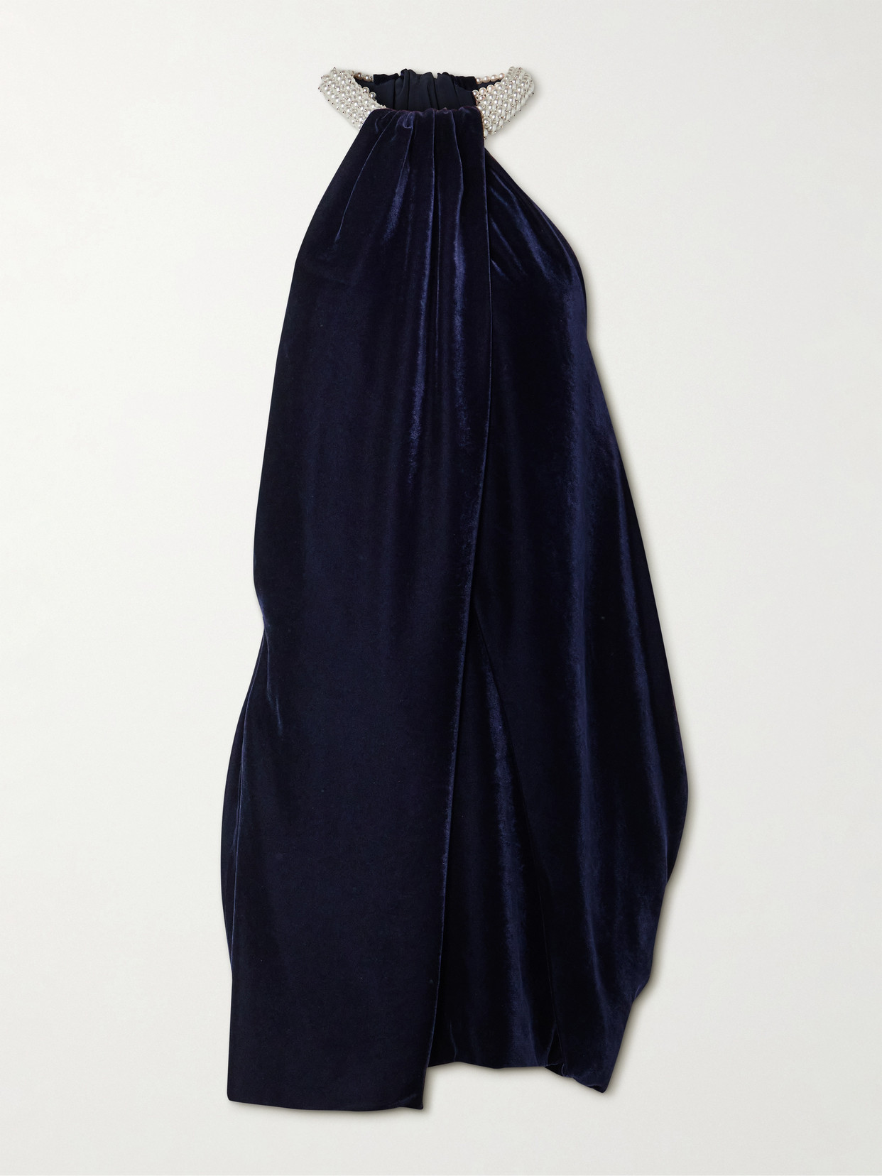 Stella Mccartney Embellished Draped Velvet Halterneck Mini Dress In Blue