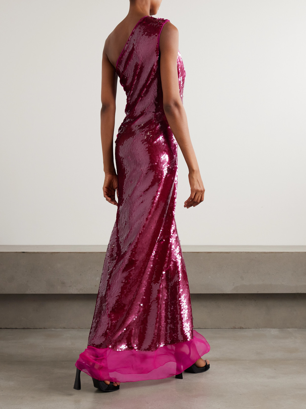 Stella Mccartney One-shoulder Chiffon-trimmed Sequined Tulle Gown In Pink