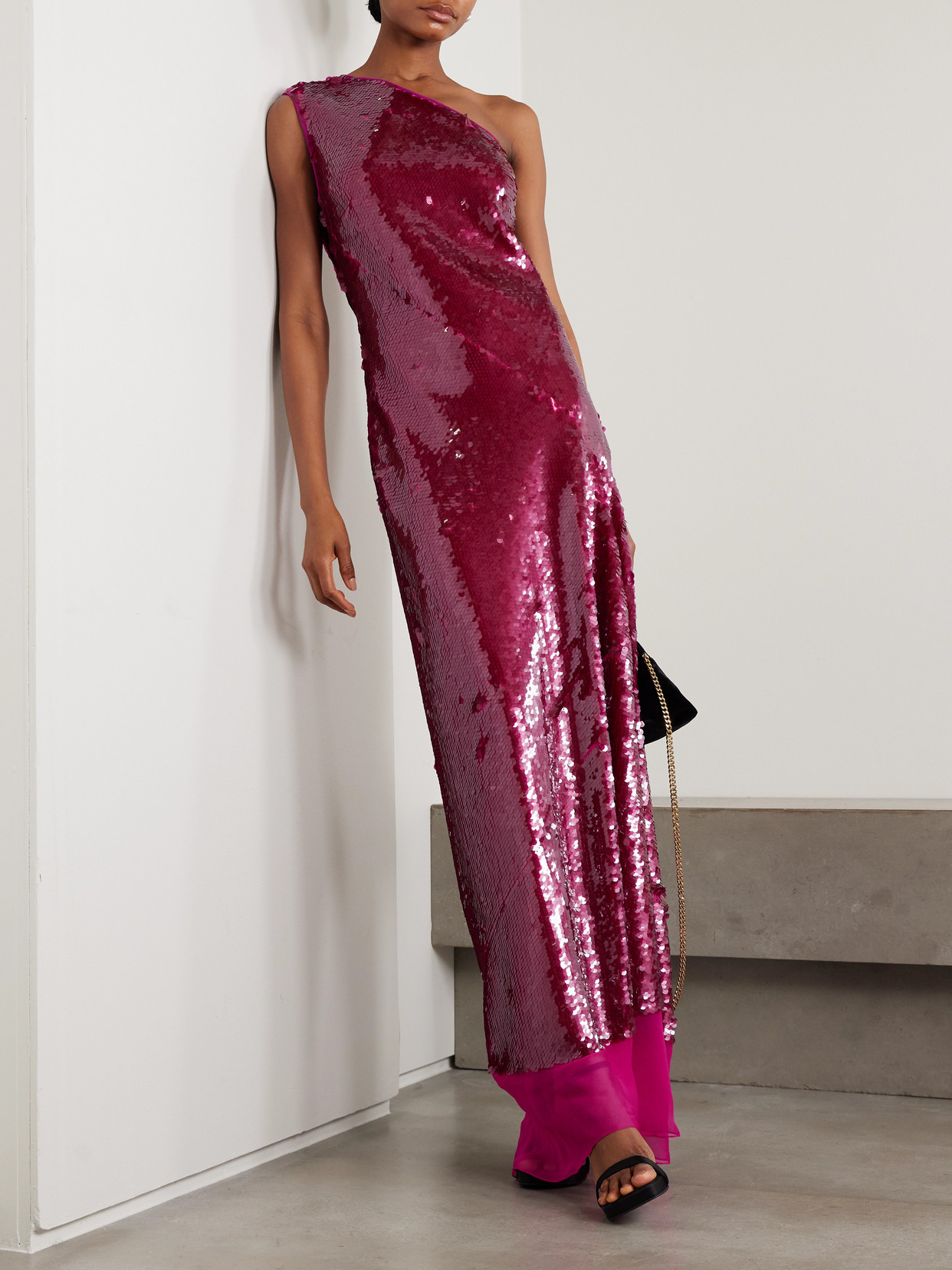 Stella Mccartney One-shoulder Chiffon-trimmed Sequined Tulle Gown In Pink