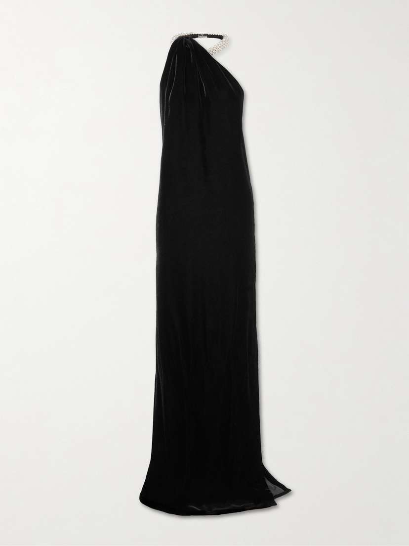 Stella McCartney One-shoulder Embellished Draped Velvet Halterneck Gown