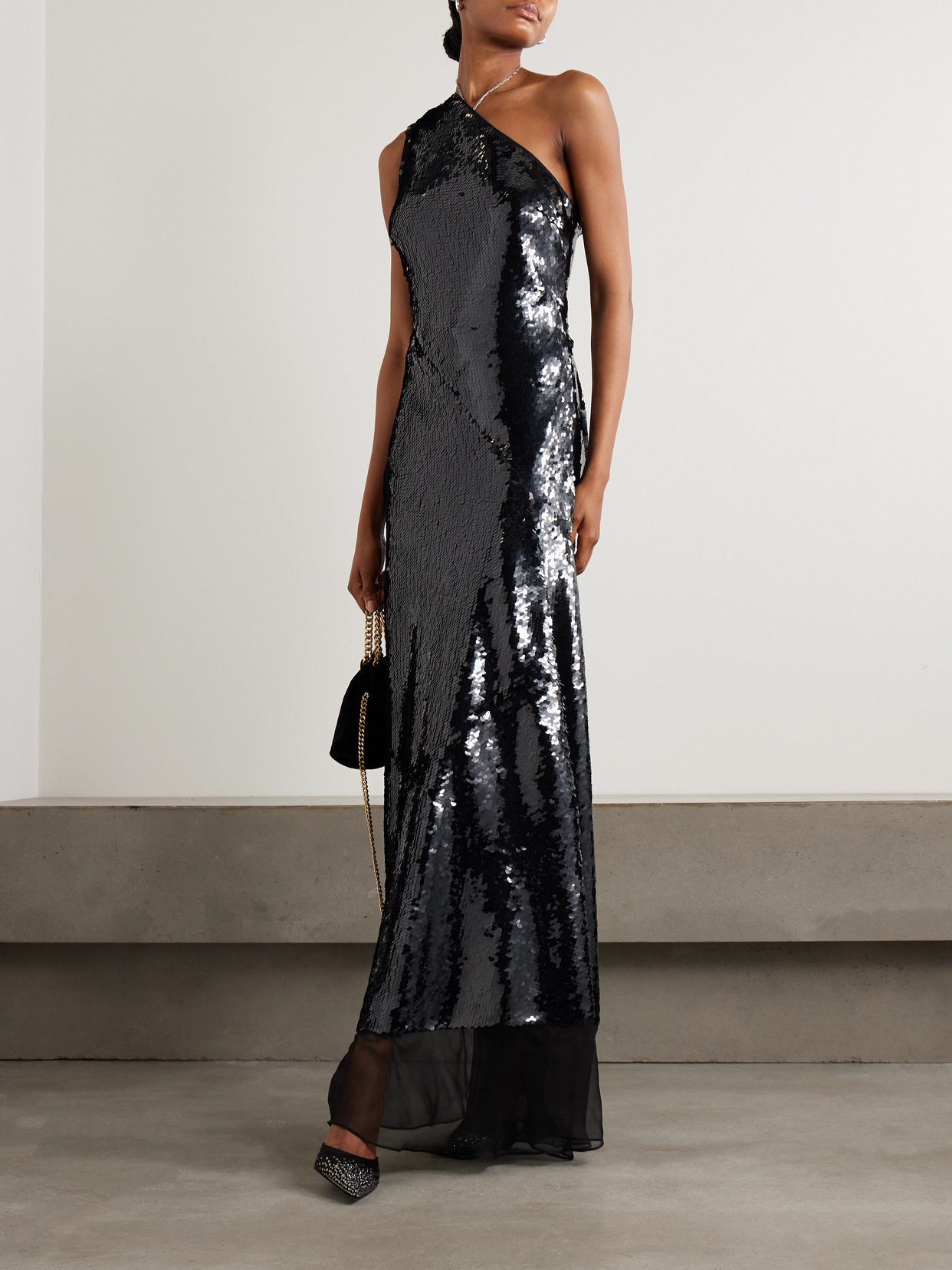 Stella Mccartney One-shoulder Chiffon-trimmed Sequined Tulle Gown In Black