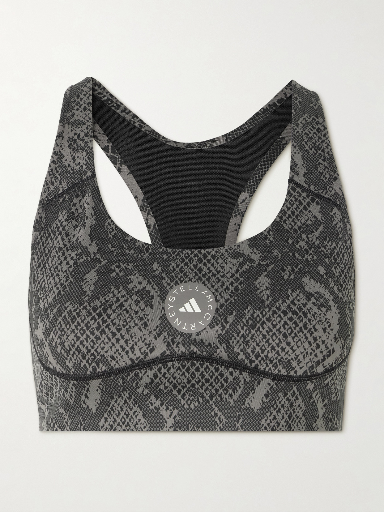 Adidas By Stella Mccartney Power Impact Snake-print Recycled-stretch Sports Bra In Gray