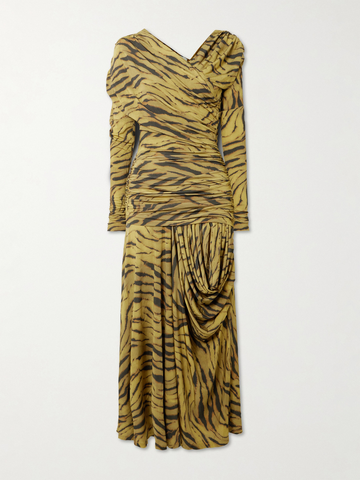 Ganni Asymmetric Draped Ruched Zebra-print Stretch-jersey Midi Dress In Multi