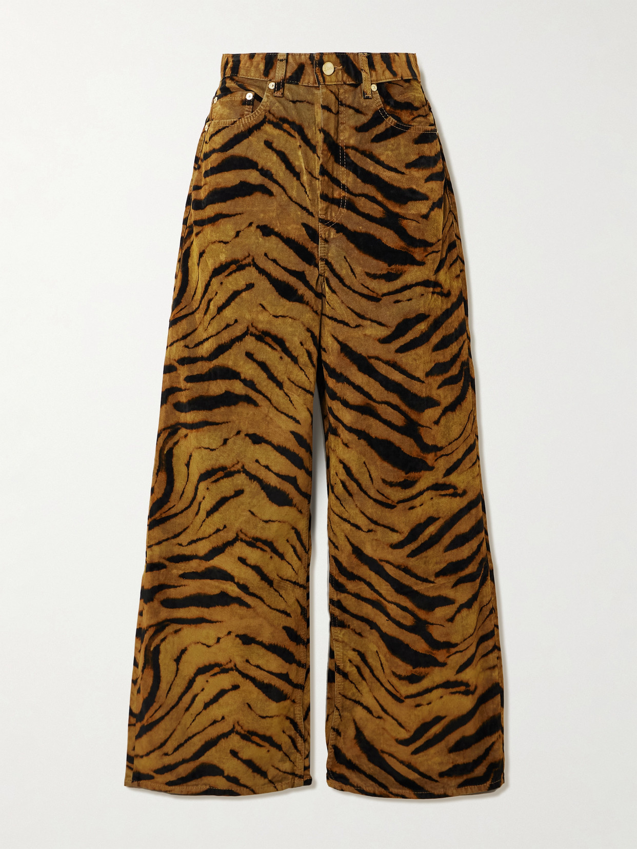 Ganni Zebra-print Cotton-blend Velveteen Wide-leg Pants In Brown
