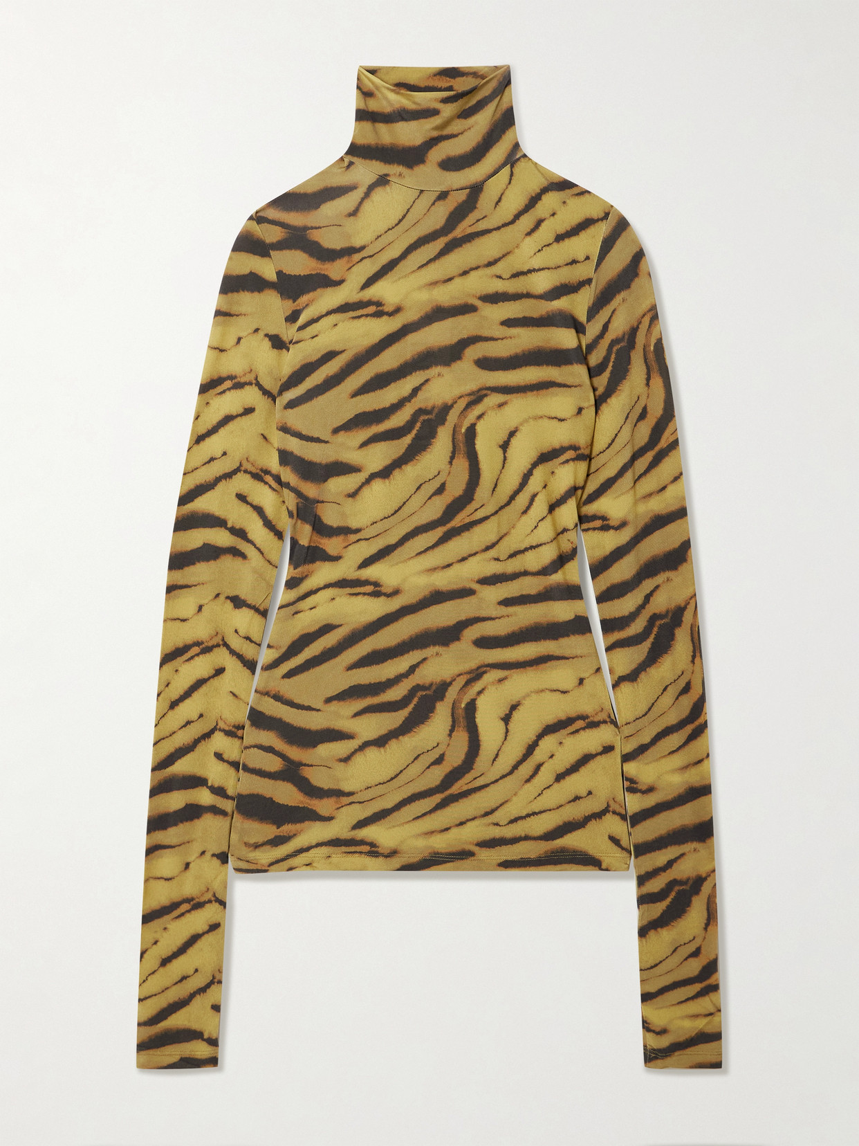 Ganni Zebra-print Stretch-jersey Turtleneck Top In Brown