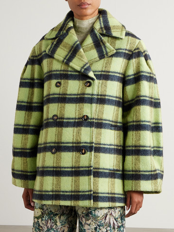 GANNI Oversized double-breasted checked brushed-wool coat