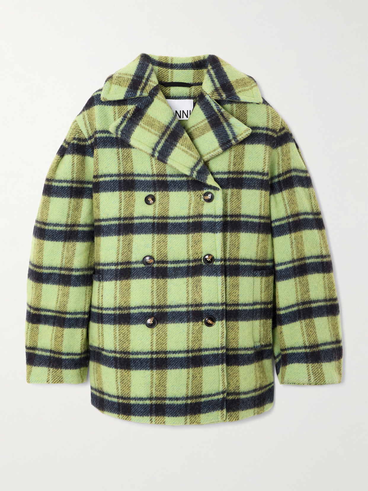 Ganni Oversized Double-breasted Checked Brushed-wool Coat In Green