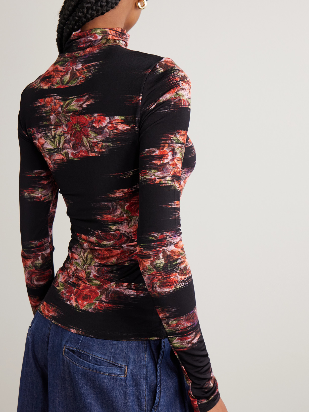 Turtleneck Floral-Print Stretch-Jersey Top