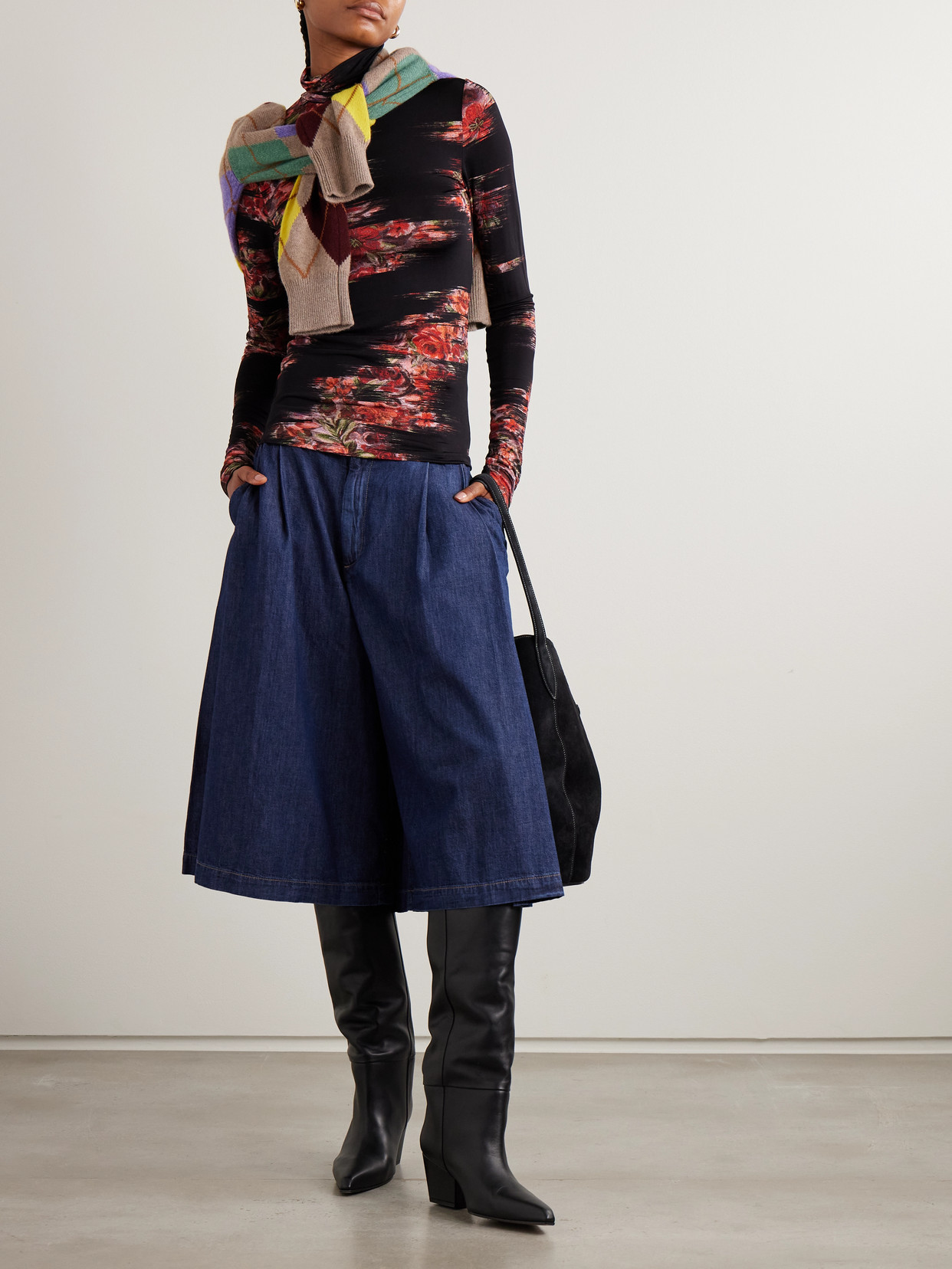 Turtleneck Floral-Print Stretch-Jersey Top