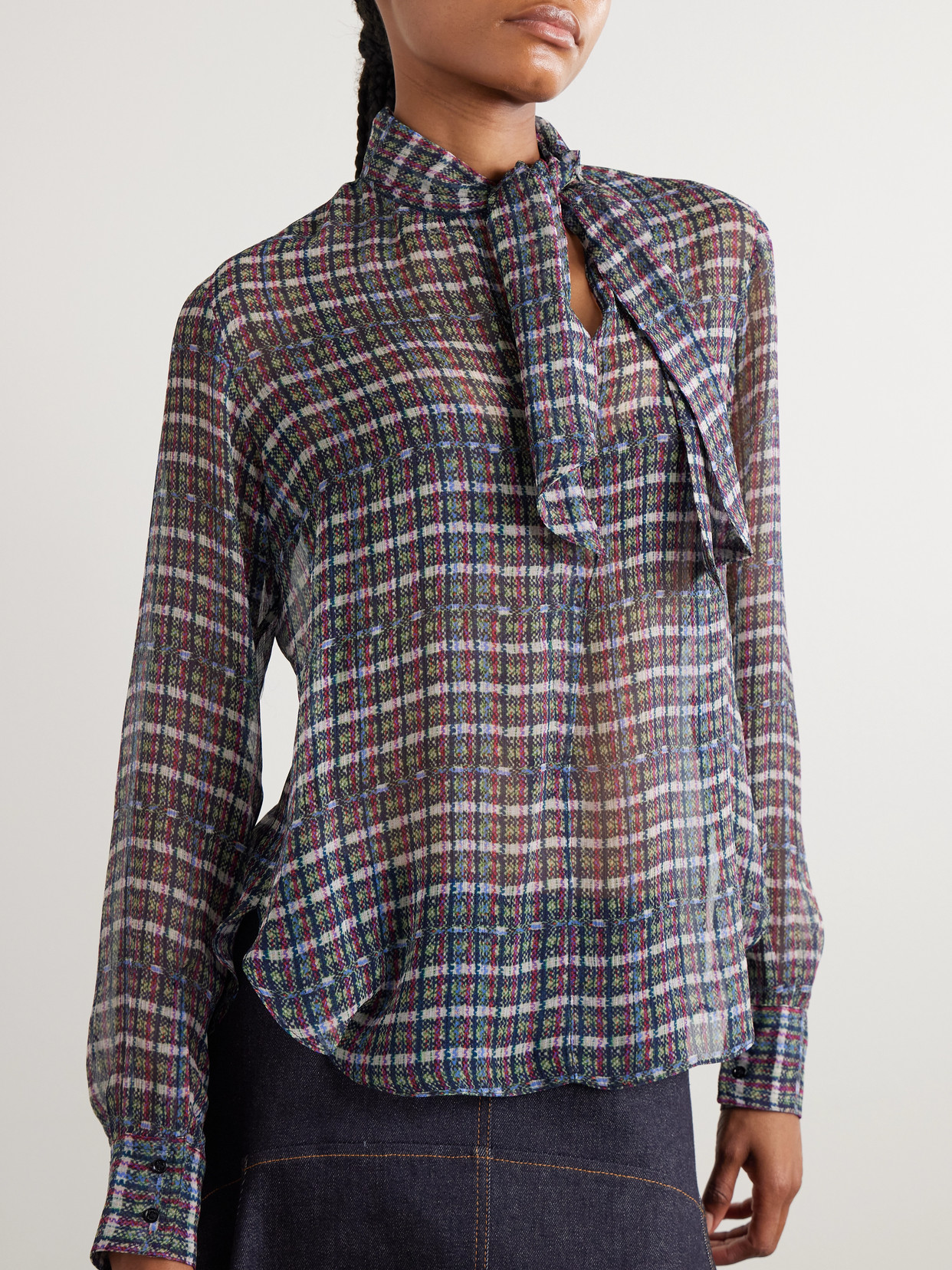 Isabel Marant Geona Tie-neck Checked Silk-crepon Blouse In Multi