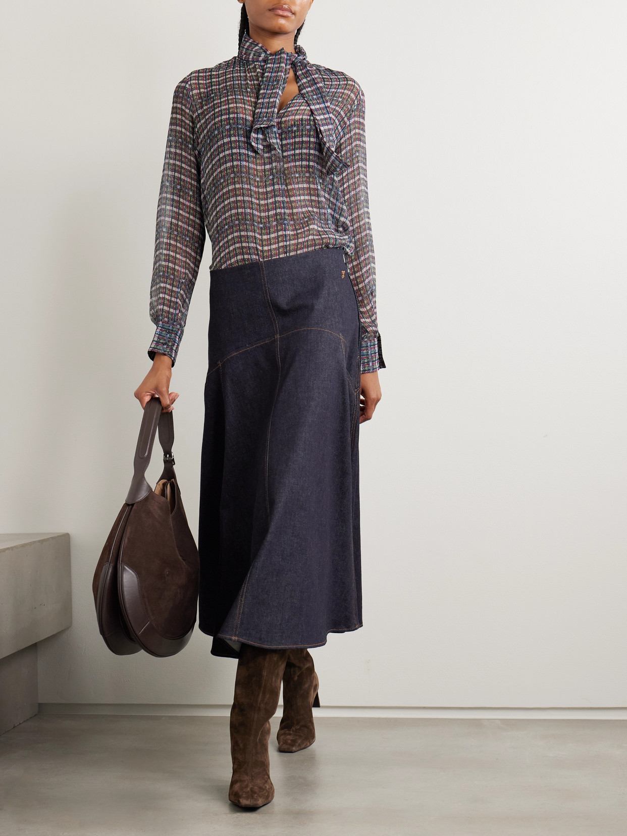 Isabel Marant Geona Tie-neck Checked Silk-crepon Blouse In Multi