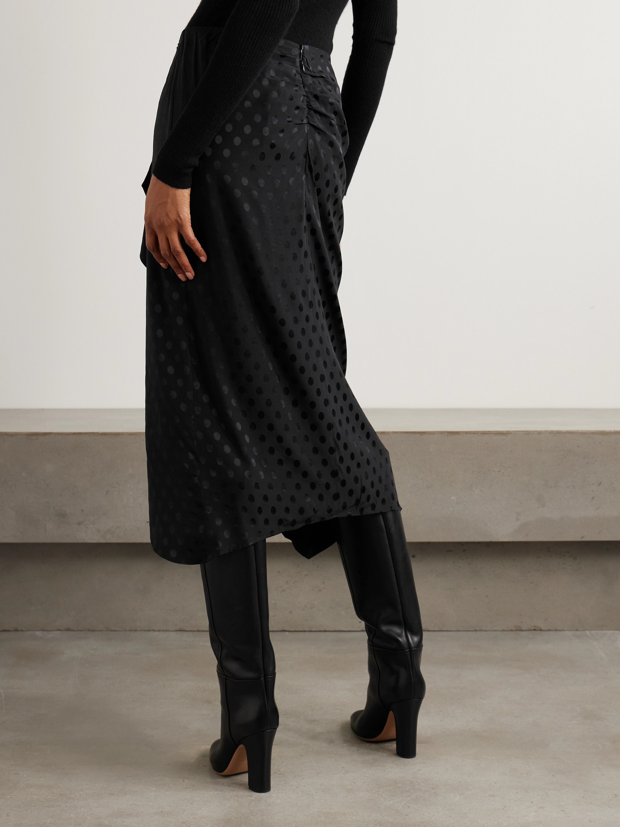 Isabel Marant Draped Polka-dot Mesh-jacquard Midi Skirt In Black