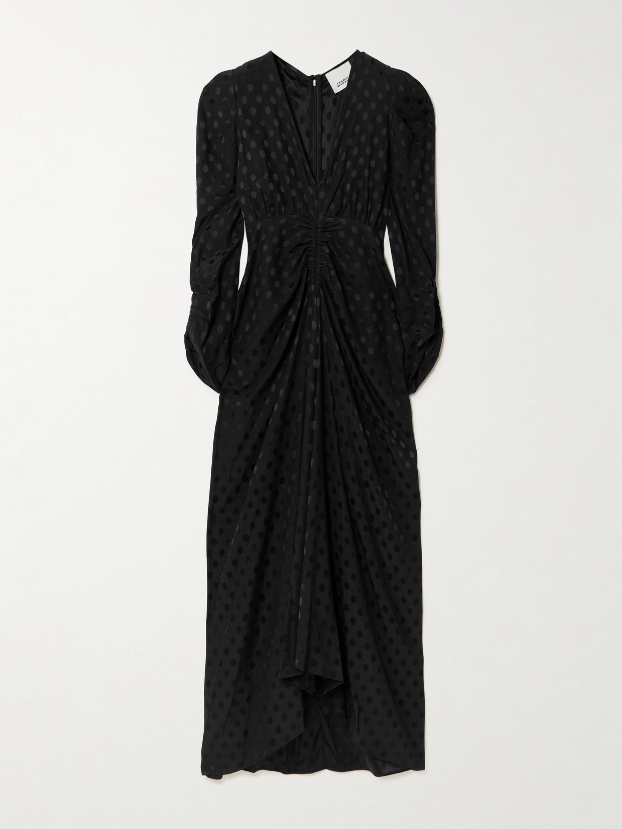 Isabel Marant Albini Gathered Polka-dot Stretch-silk Jacquard Midi Dress In Black