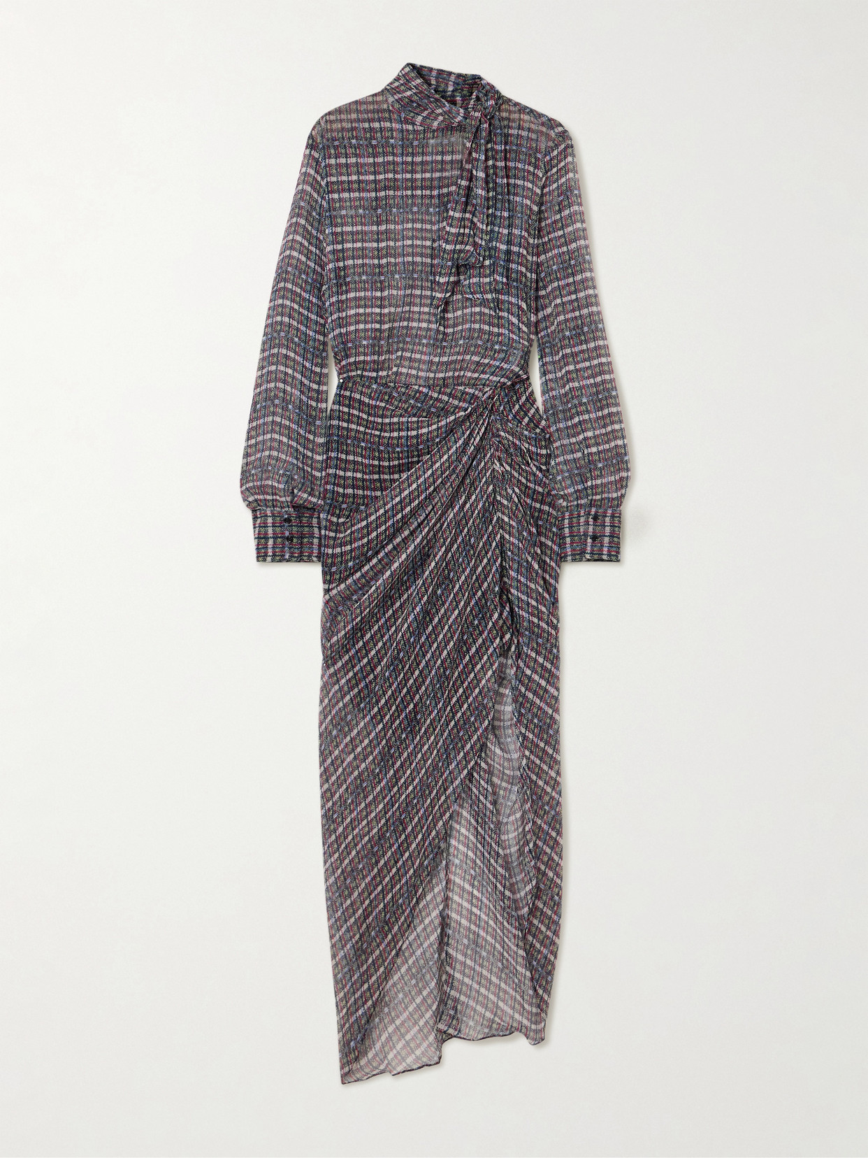 Isabel Marant Gloya Tie-neck Asymmetric Checked Silk-crepon Shirt Dress In Multi