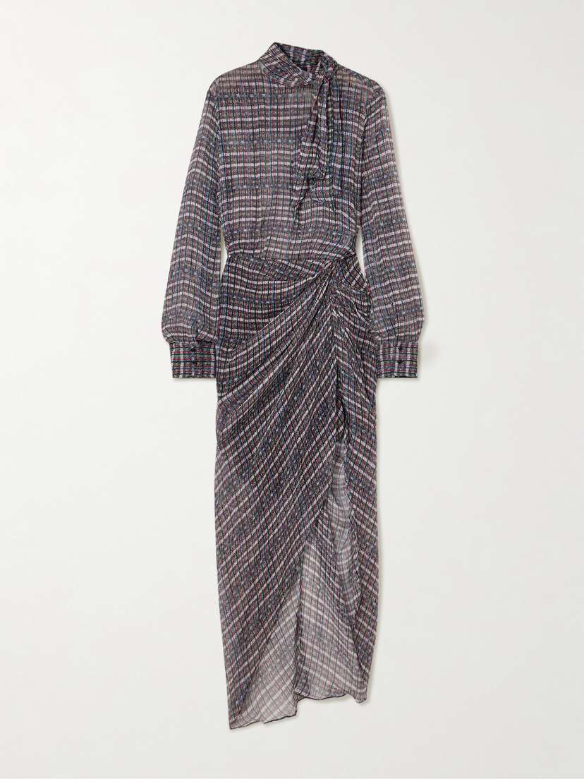 Isabel Marant Gloya Tie-neck Asymmetric Checked Silk-crepon Shirt Dress